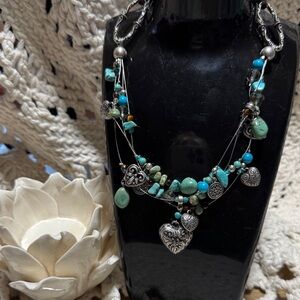Coldwater Creek Turquoise and Aqua Multi-Strand Heart Pendant Necklace